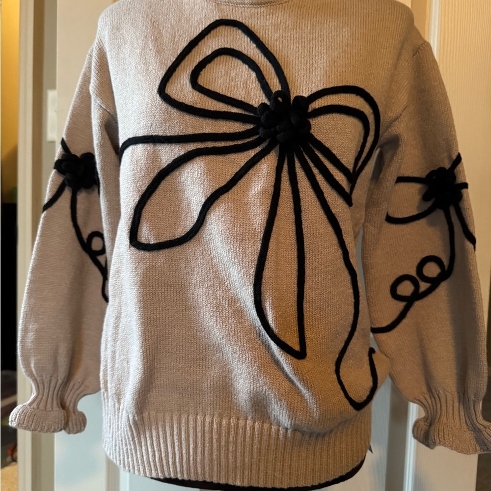 Cupshe Cream Sweater with Black Bow Design